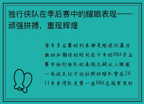 独行侠队在季后赛中的耀眼表现——顽强拼搏，重现辉煌